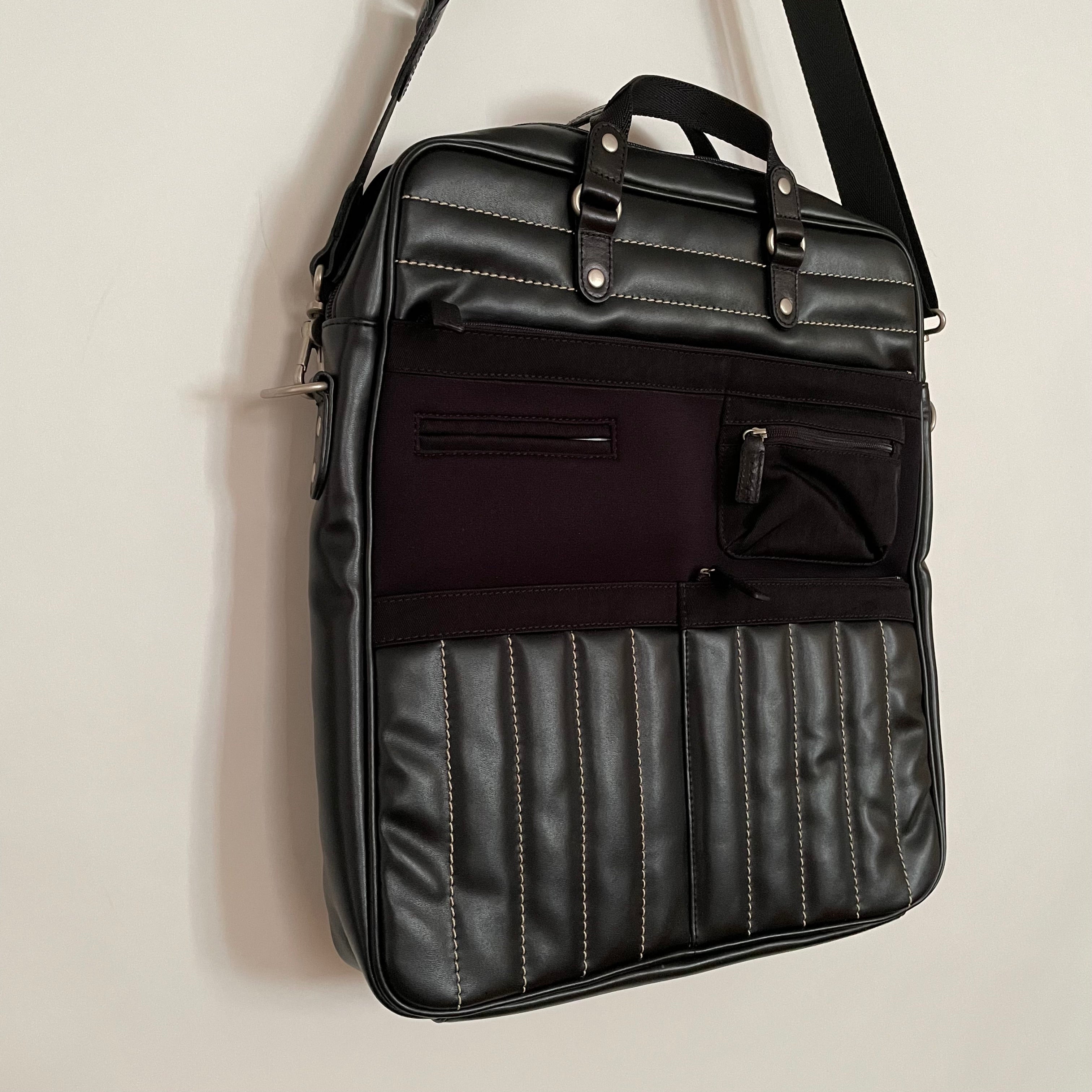 Premium Collection | Tall Vegan Leather x Nylon x Leather Handles Briefcase with Stripe Stitch Accents | Black x White